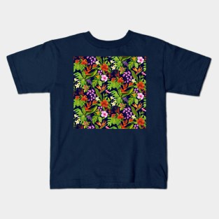 Navy Blue Tropical Flora Kids T-Shirt